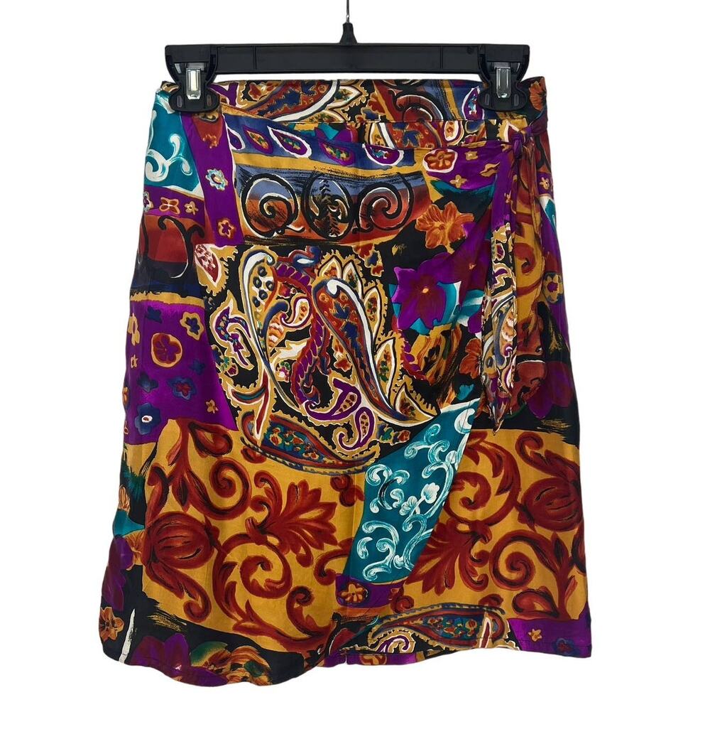 Vintage New York Studio Silk Mini Skirt Faux Wrap Size M Paisley 90s Y2K Print
